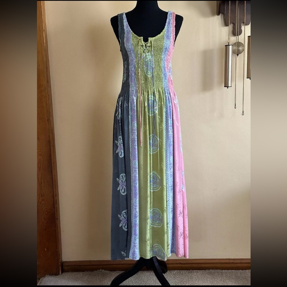 ZENERGY colorblock rayon batik boho smocked bodice sleeveless maxi dress size S